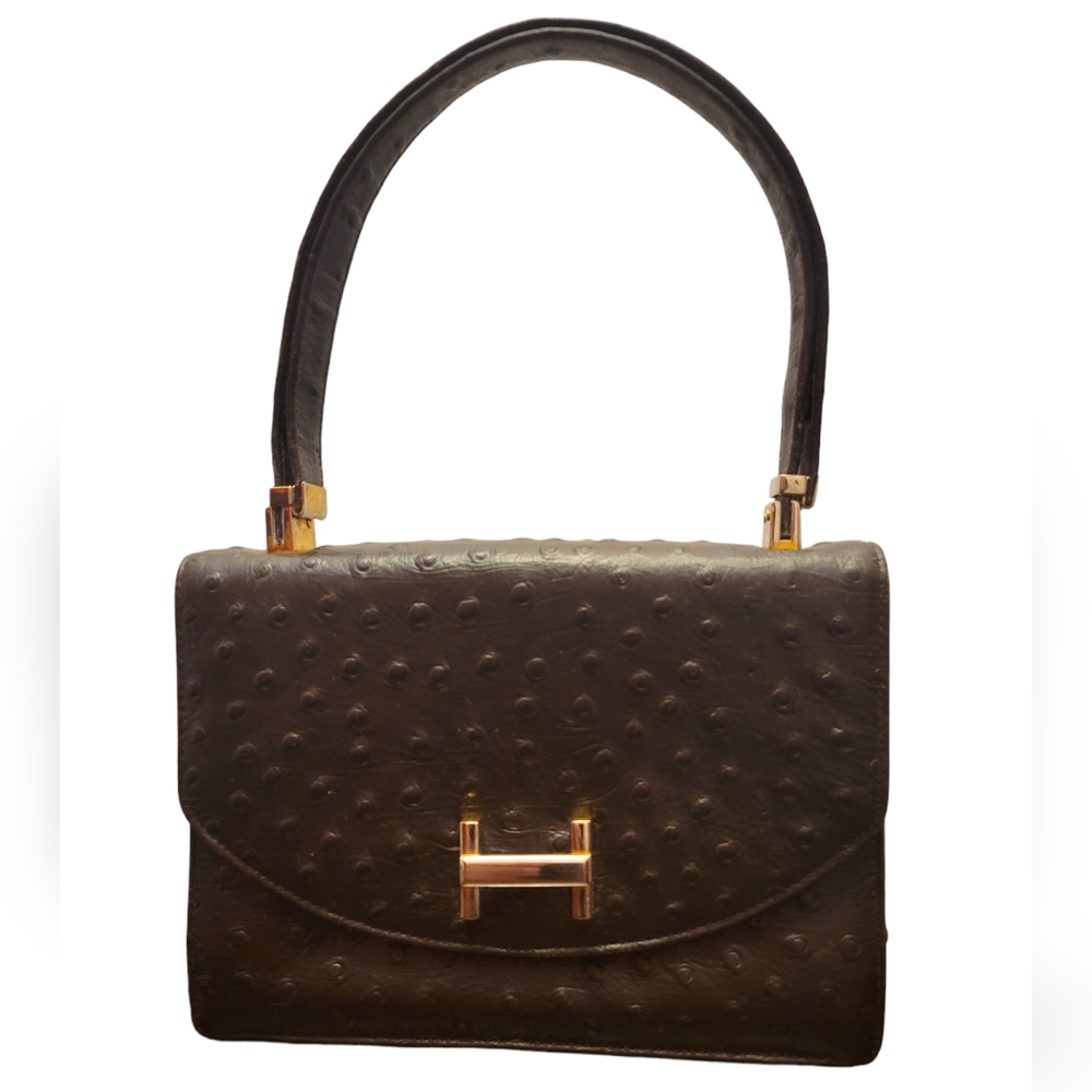 Vintage Koret Ostrich H Flap Handbag Black